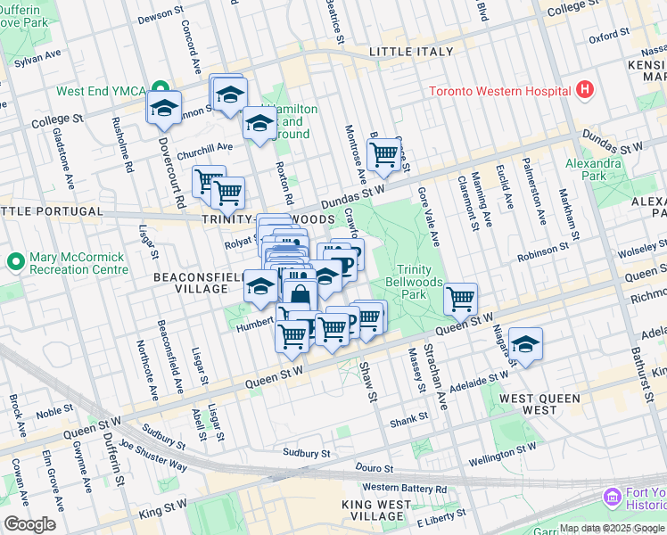map of restaurants, bars, coffee shops, grocery stores, and more near 194 Shaw Street in Toronto