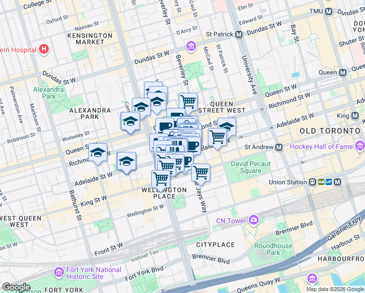 map of restaurants, bars, coffee shops, grocery stores, and more near 108 Peter Street in Toronto