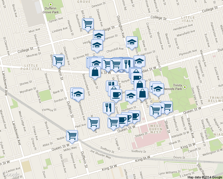 map of restaurants, bars, coffee shops, grocery stores, and more near 237 Dovercourt Road in Toronto