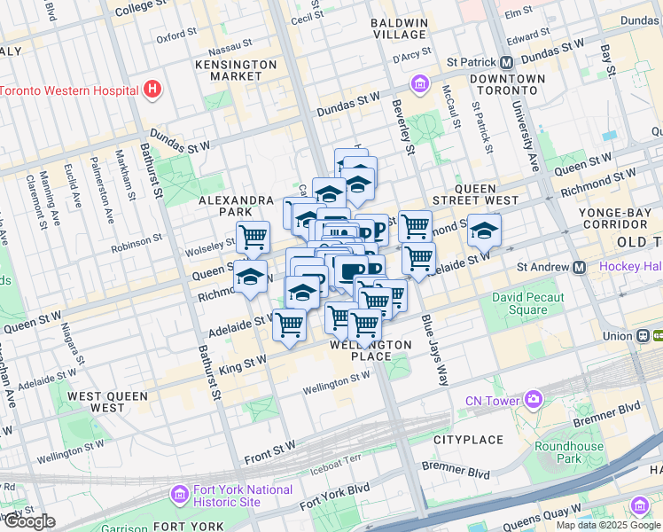 map of restaurants, bars, coffee shops, grocery stores, and more near 435 Richmond Street West in Toronto