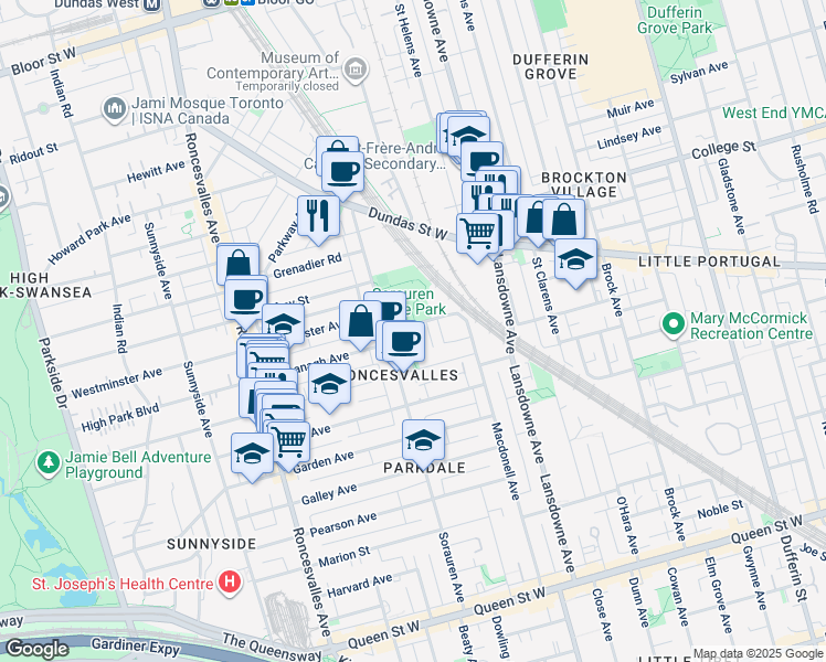 map of restaurants, bars, coffee shops, grocery stores, and more near 41 Wabash Avenue in Toronto