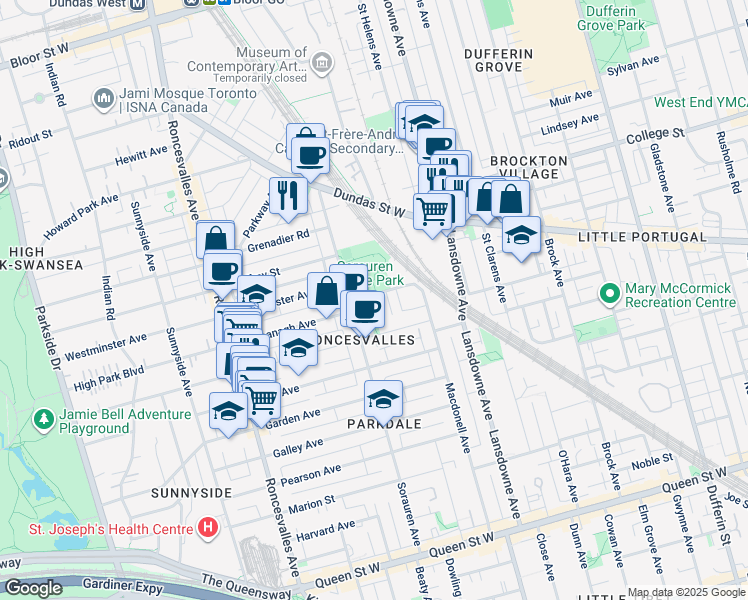 map of restaurants, bars, coffee shops, grocery stores, and more near 41 Wabash Avenue in Kenmore