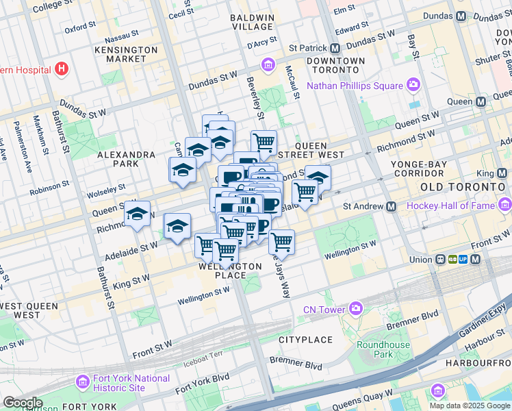 map of restaurants, bars, coffee shops, grocery stores, and more near 92 Peter Street in Toronto