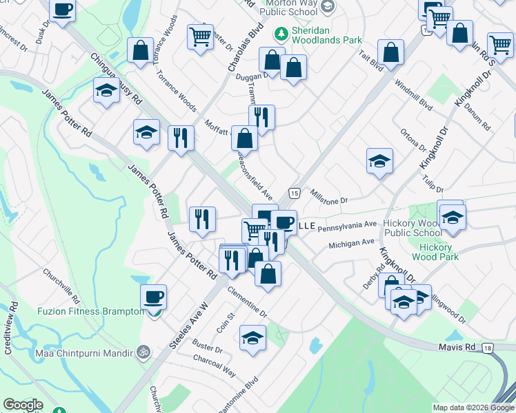 map of restaurants, bars, coffee shops, grocery stores, and more near 16 Langdale Crescent in Brampton