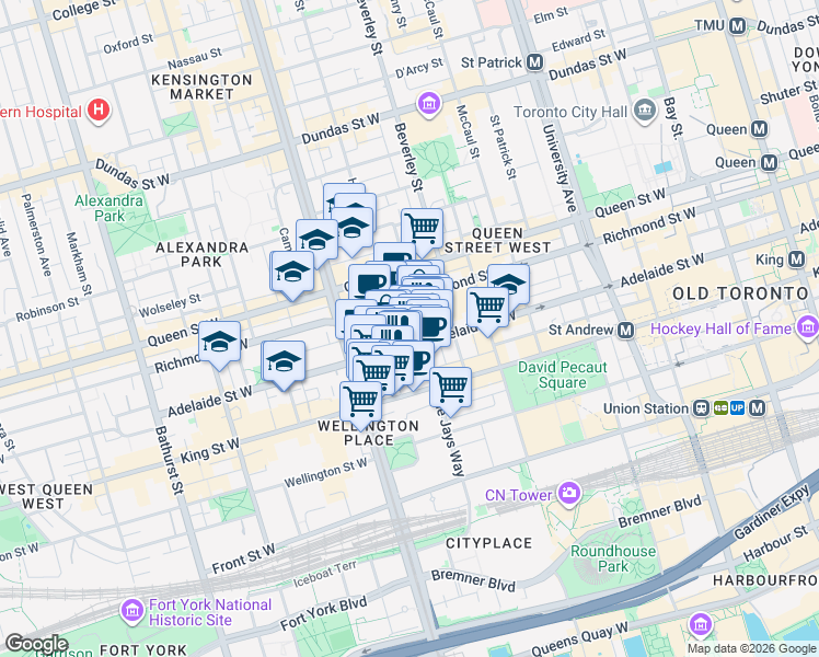 map of restaurants, bars, coffee shops, grocery stores, and more near in Toronto