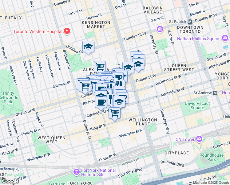 map of restaurants, bars, coffee shops, grocery stores, and more near 500 Richmond Street West in Toronto