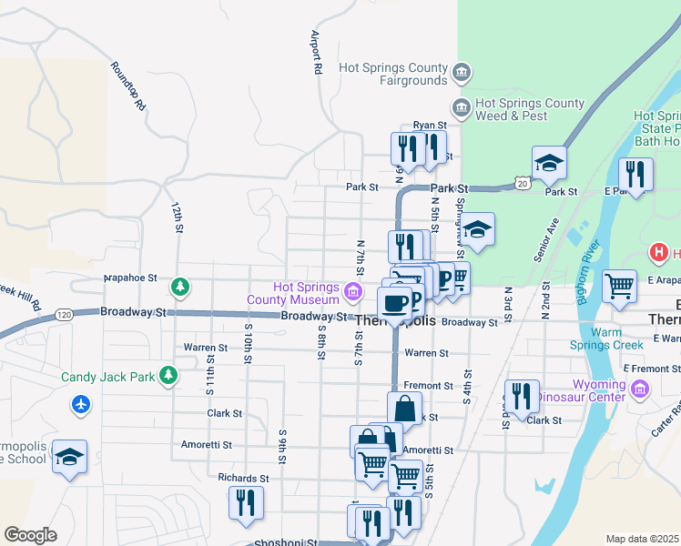 map of restaurants, bars, coffee shops, grocery stores, and more near 703 Arapahoe Street in Thermopolis