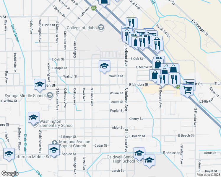 map of restaurants, bars, coffee shops, grocery stores, and more near 2604 South Ohio Avenue in Caldwell