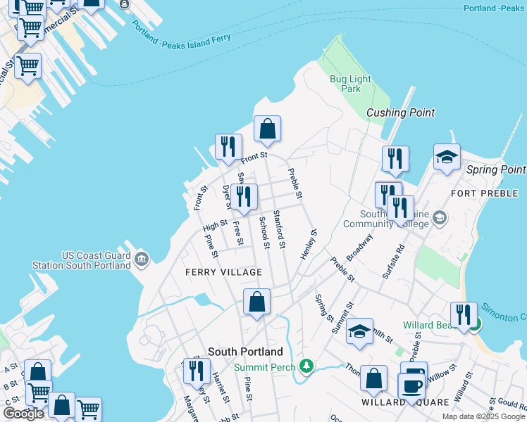 map of restaurants, bars, coffee shops, grocery stores, and more near 140 Sawyer Street in South Portland