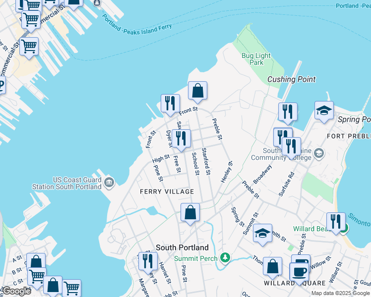 map of restaurants, bars, coffee shops, grocery stores, and more near 140 Sawyer Street in South Portland