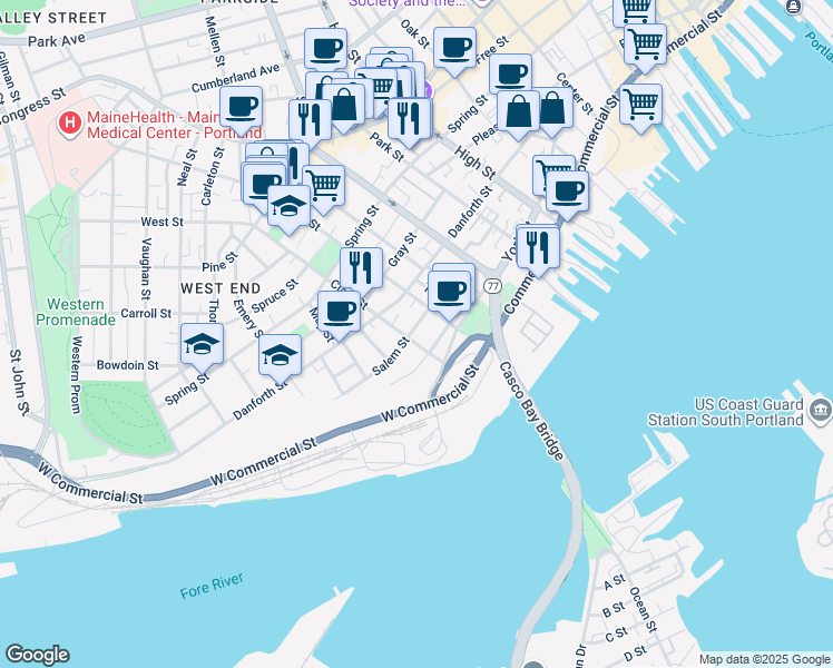 map of restaurants, bars, coffee shops, grocery stores, and more near 39 Sumner Court in Portland