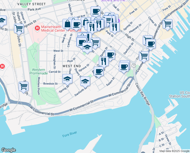 map of restaurants, bars, coffee shops, grocery stores, and more near 256 Danforth Street in Portland