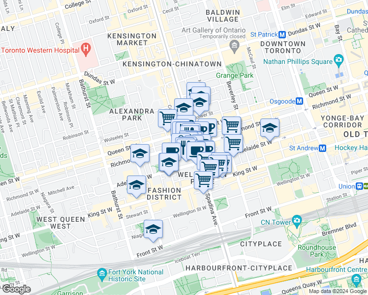 map of restaurants, bars, coffee shops, grocery stores, and more near in Toronto