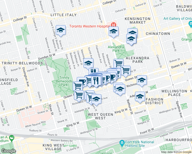 map of restaurants, bars, coffee shops, grocery stores, and more near 15 Manning Avenue in Toronto