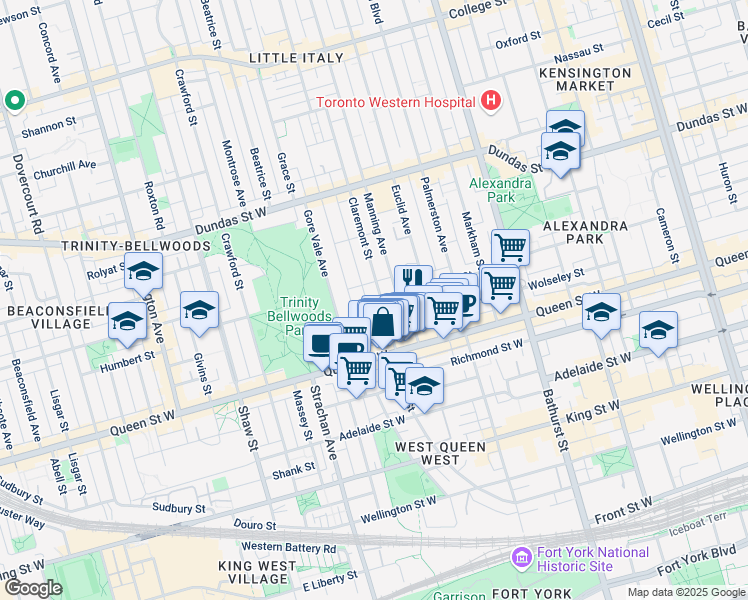 map of restaurants, bars, coffee shops, grocery stores, and more near 730 Queen Street West in Toronto