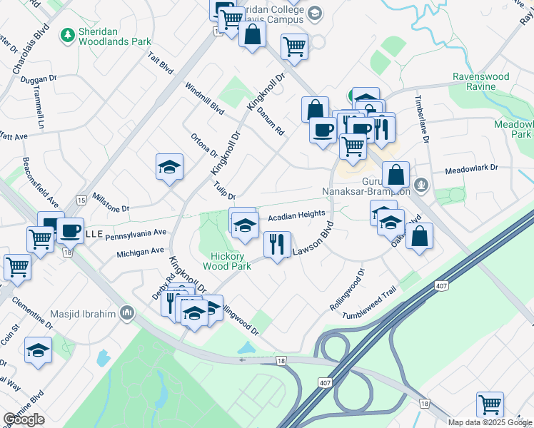 map of restaurants, bars, coffee shops, grocery stores, and more near 47 Stalbridge Avenue in Brampton