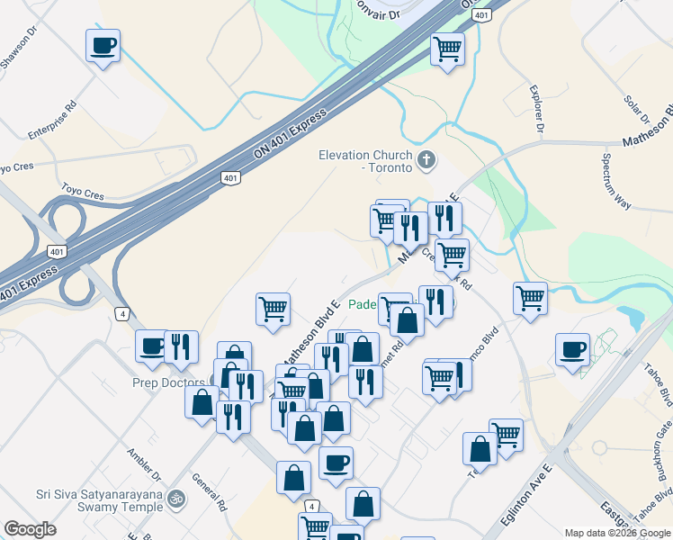 map of restaurants, bars, coffee shops, grocery stores, and more near 1880 Matheson Boulevard East in Mississauga