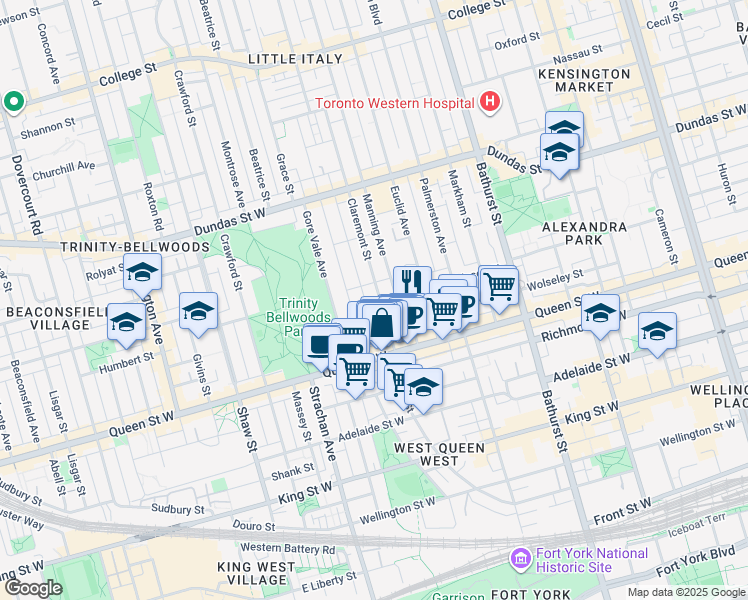 map of restaurants, bars, coffee shops, grocery stores, and more near 42 Claremont Street in Toronto