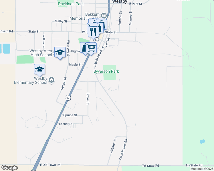 map of restaurants, bars, coffee shops, grocery stores, and more near 401 Coon Prairie Road in Westby