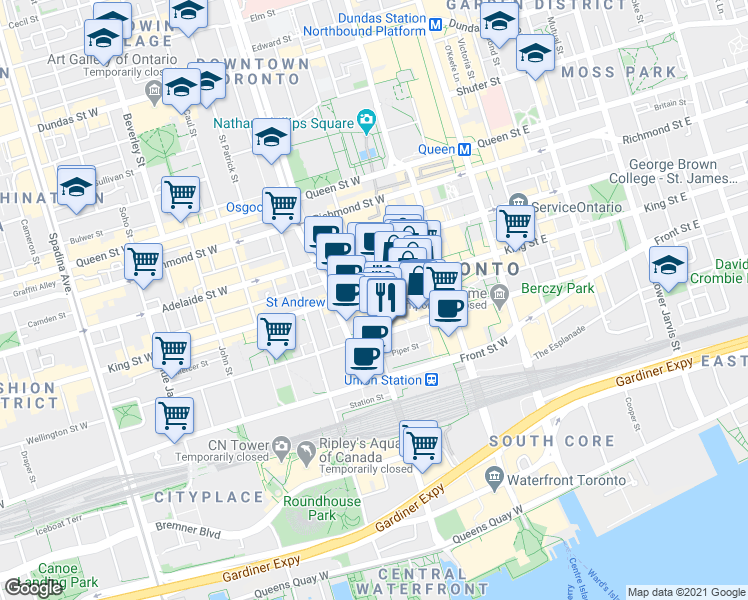 map of restaurants, bars, coffee shops, grocery stores, and more near 125 King Street West in Toronto