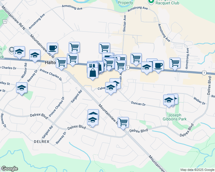 map of restaurants, bars, coffee shops, grocery stores, and more near 34 Calvert Drive in Halton Hills