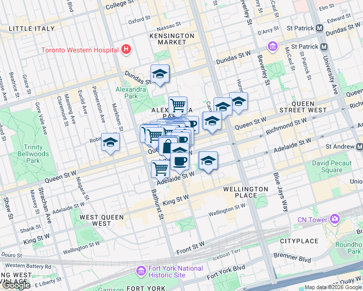 map of restaurants, bars, coffee shops, grocery stores, and more near 563 Queen Street West in Toronto