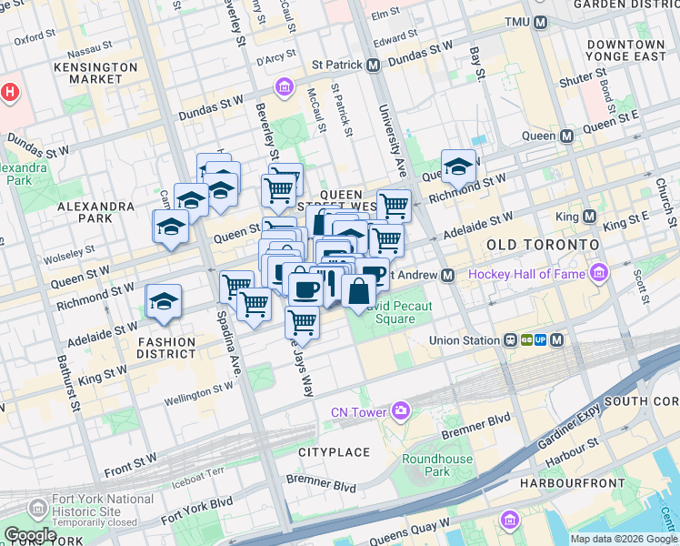 map of restaurants, bars, coffee shops, grocery stores, and more near 283 Adelaide Street West in Toronto