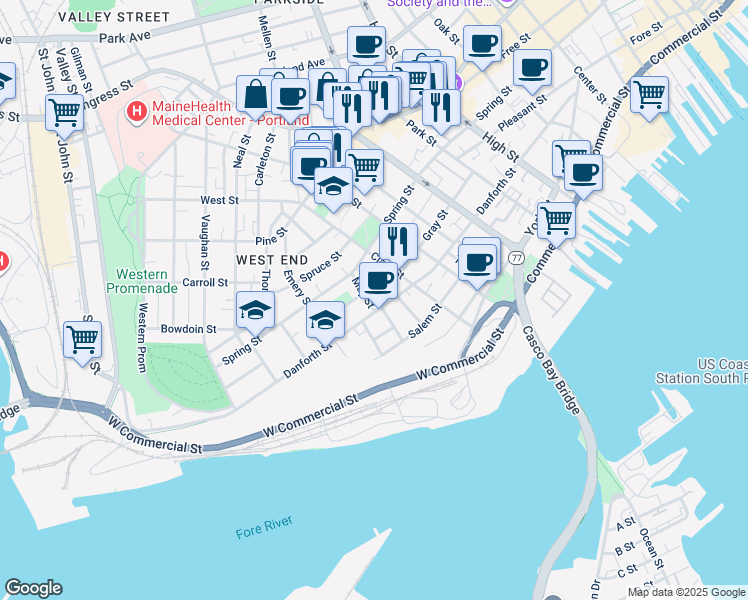 map of restaurants, bars, coffee shops, grocery stores, and more near 7 May Street in Portland