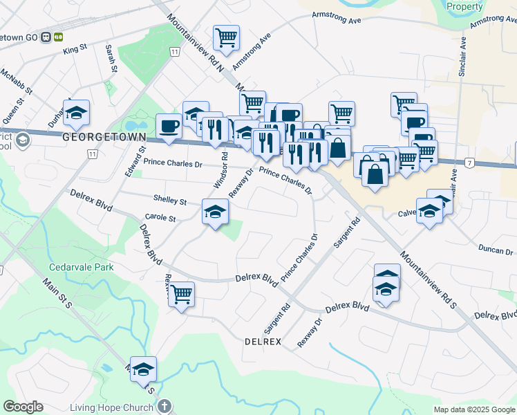 map of restaurants, bars, coffee shops, grocery stores, and more near 19 McIntyre Crescent in Halton Hills