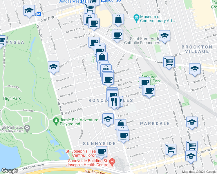 map of restaurants, bars, coffee shops, grocery stores, and more near 289 Roncesvalles Avenue in Toronto