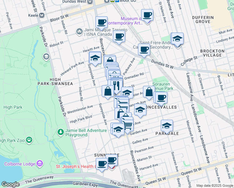 map of restaurants, bars, coffee shops, grocery stores, and more near 289 Roncesvalles Avenue in Toronto