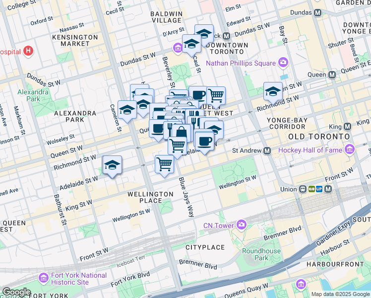 map of restaurants, bars, coffee shops, grocery stores, and more near in Toronto