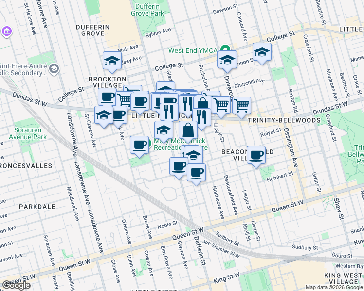 map of restaurants, bars, coffee shops, grocery stores, and more near 4 Stonehouse Crescent in Toronto
