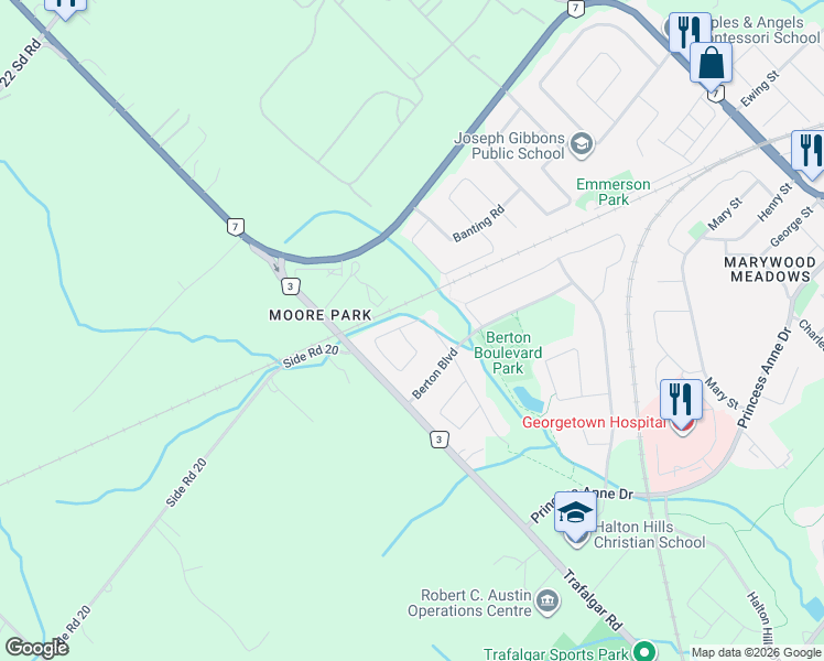 map of restaurants, bars, coffee shops, grocery stores, and more near 19 Johnson Crescent in Halton Hills