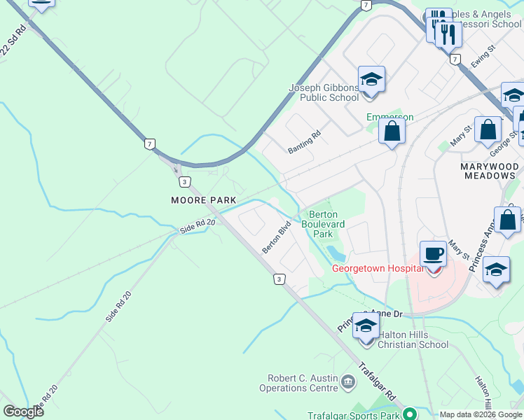 map of restaurants, bars, coffee shops, grocery stores, and more near 16 Johnson Crescent in Halton Hills