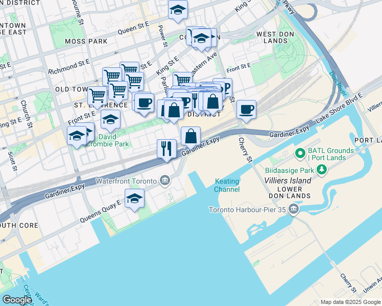 map of restaurants, bars, coffee shops, grocery stores, and more near 333 Lake Shore Boulevard East in Toronto