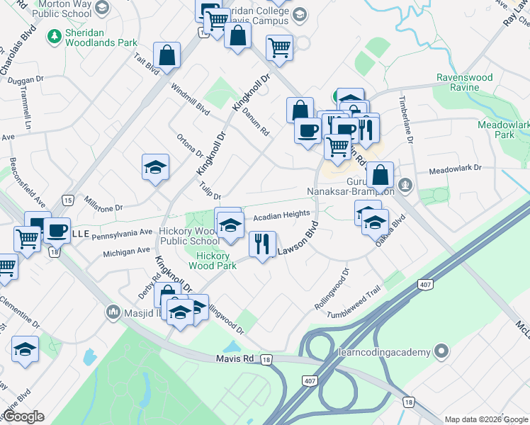 map of restaurants, bars, coffee shops, grocery stores, and more near 51 Acadian Heights in Brampton