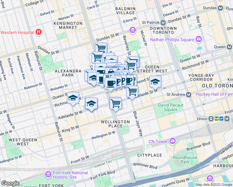 map of restaurants, bars, coffee shops, grocery stores, and more near 401 B Richmond Street West in Toronto