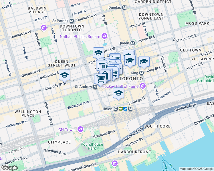 map of restaurants, bars, coffee shops, grocery stores, and more near 123 King Street West in Toronto
