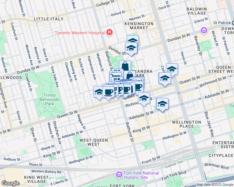map of restaurants, bars, coffee shops, grocery stores, and more near in Toronto