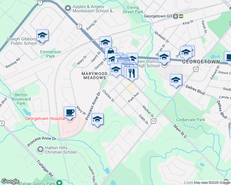 map of restaurants, bars, coffee shops, grocery stores, and more near 148 Mill Street in Halton Hills