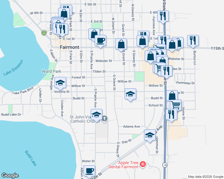 map of restaurants, bars, coffee shops, grocery stores, and more near 516 Willow Street in Fairmont