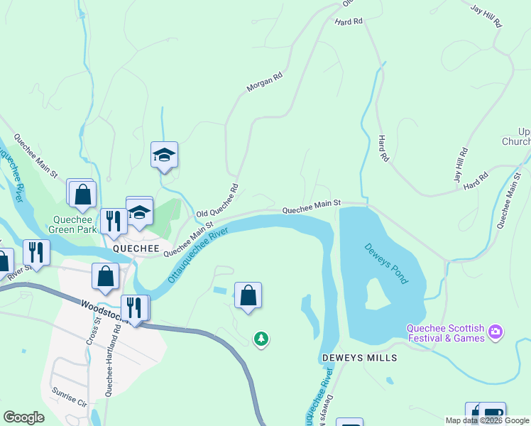 map of restaurants, bars, coffee shops, grocery stores, and more near 1299 Quechee Main Street in Hartford