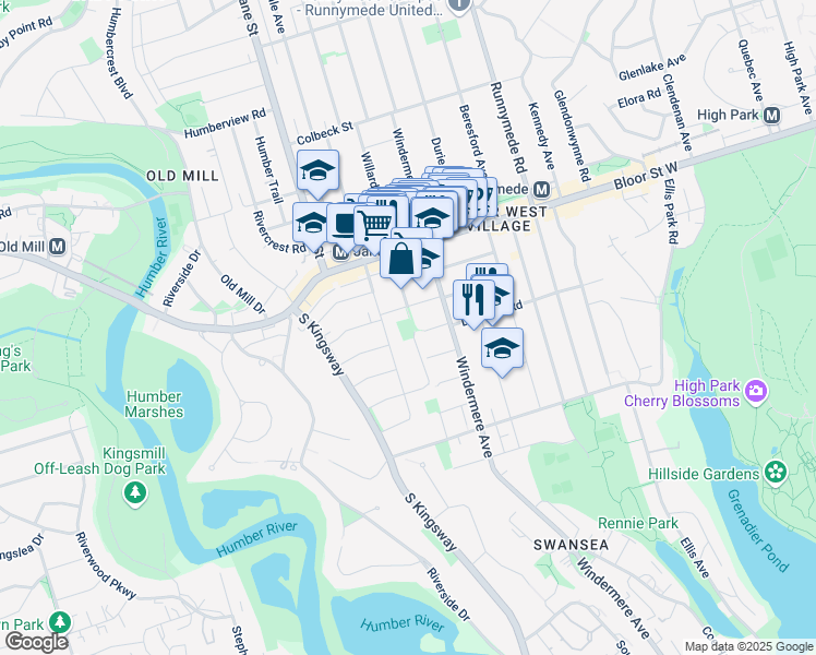 map of restaurants, bars, coffee shops, grocery stores, and more near 55 Mayfield Avenue in Toronto