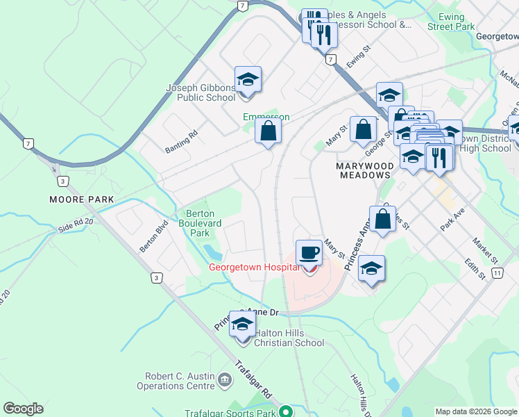 map of restaurants, bars, coffee shops, grocery stores, and more near 83 Atwood Avenue in Halton Hills