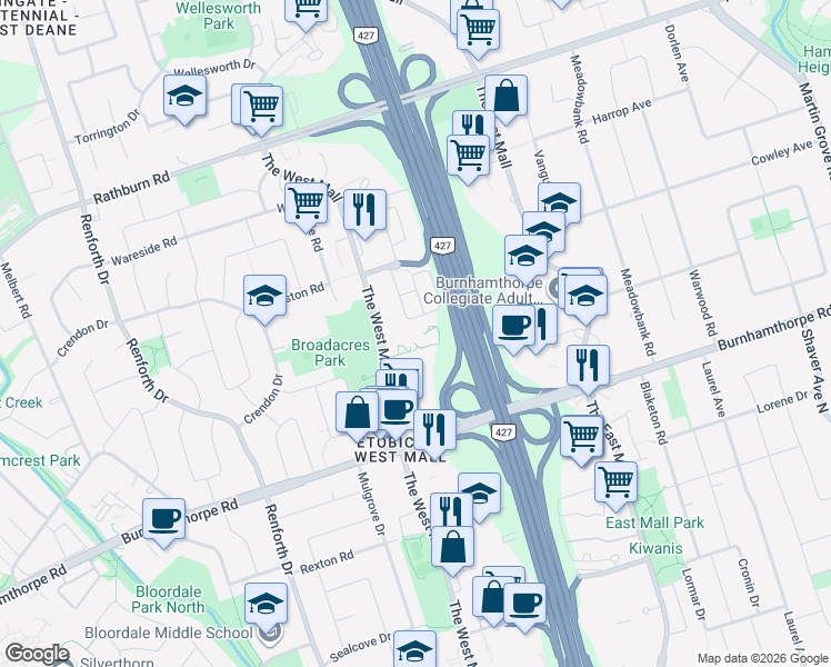 map of restaurants, bars, coffee shops, grocery stores, and more near 475 The West Mall in Toronto