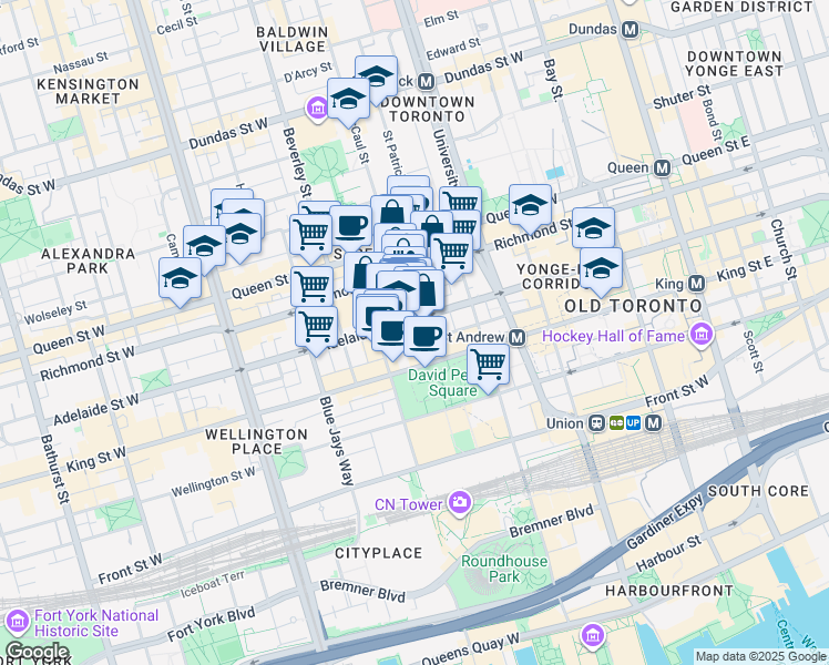 map of restaurants, bars, coffee shops, grocery stores, and more near 14 Duncan Street in Toronto