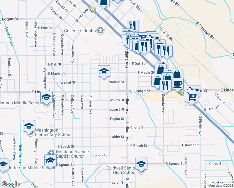 map of restaurants, bars, coffee shops, grocery stores, and more near 1917 East Linden Street in Caldwell