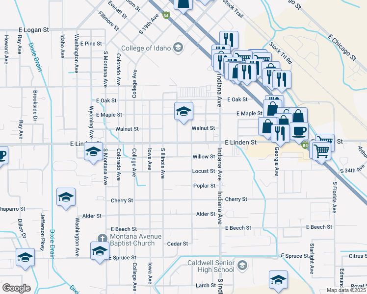 map of restaurants, bars, coffee shops, grocery stores, and more near 2408 South Ohio Avenue in Caldwell