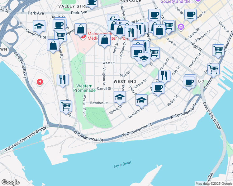 map of restaurants, bars, coffee shops, grocery stores, and more near 52 Neal Street in Portland